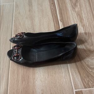 Gucci Horsebit Patent Leather Peep-Toe Flats Black 9.5